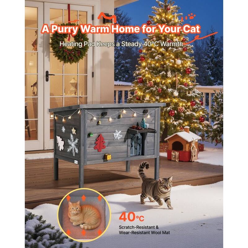 Insulated Wooden Cat House with Heating Pad and Waterproof Outdoor Shelter for Multiple Cats
