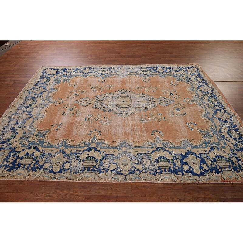 Distressed Kerman Vintage Persian Area Rug Handmade Wool Carpet - 6'4" x 8'11"