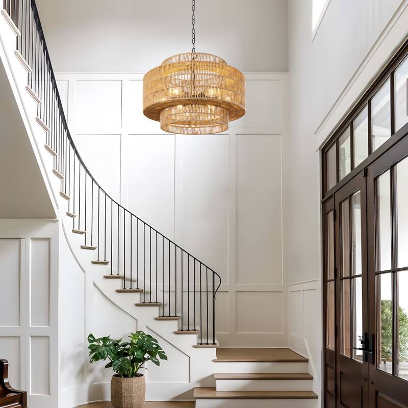 4/6-Light Boho 3-Tier Hand Woven Rattan Drum Chandelier