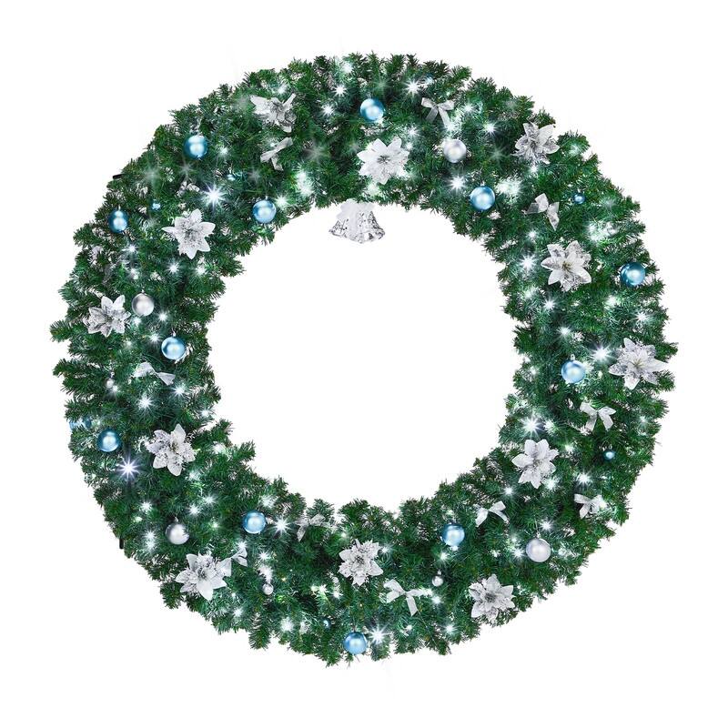 Pre-lit Christmas Wreath, Lighted Artificial Xmas Wreath with Lights and DIY Ornaments, for Xmas Party Decorations