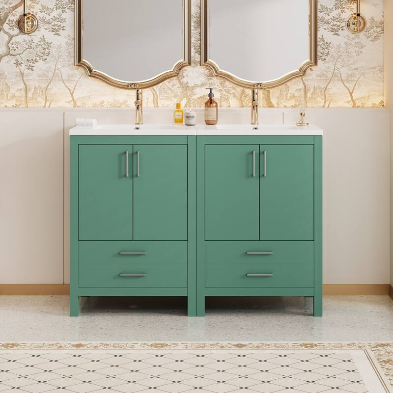Roomfitters 48-Inch Green Bathroom Vanity with Ceramic Sink, Freestanding Cabinet with Soft-Close Drawers & Doors, Modern Design