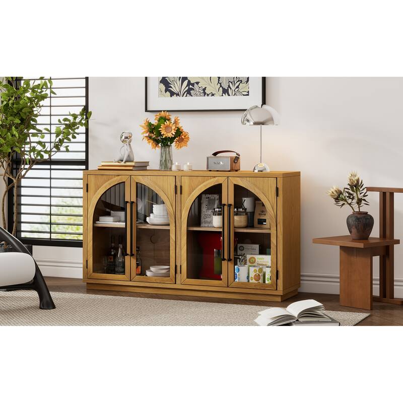 4-Door Large Storage Buffet Cabinet with Glass Doors and Adjustable Shelves
