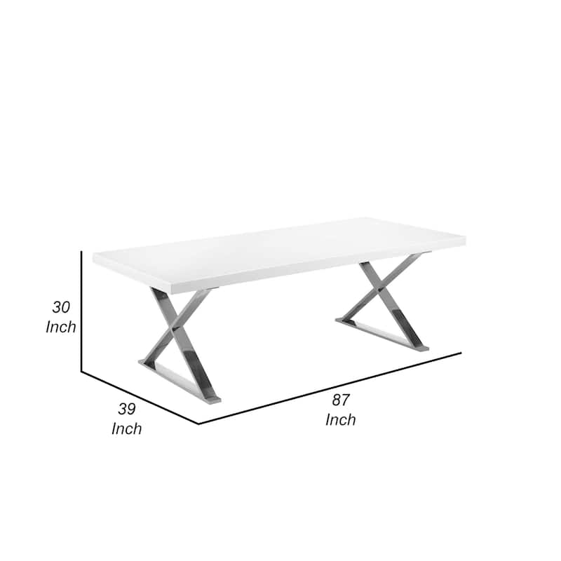 Rix 87 Inch Dining Table, White Wood Top, X Chrome Finished Steel Legs