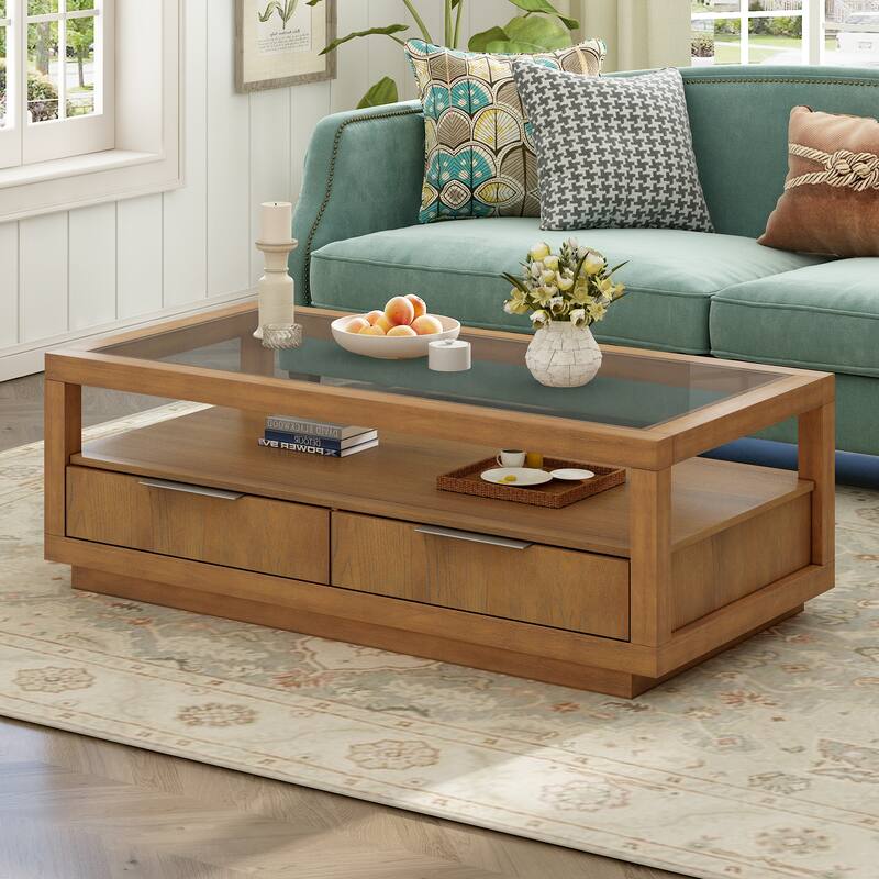 Coffee Table with 2 Drawers,Open Storage Shelf for Living Room - Brown