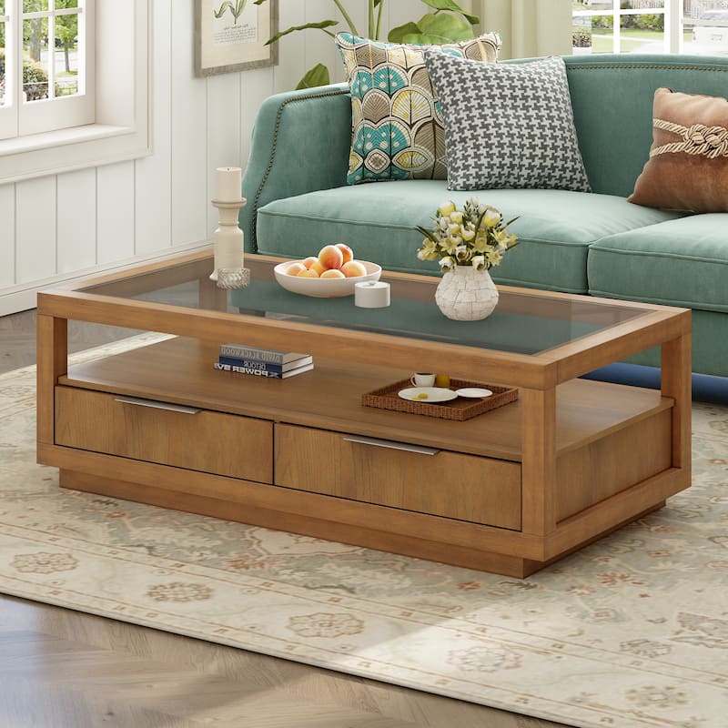 Coffee Table with Transparent Tempered Glass and 2 Drawers, Center Table with Open Storage Shelf - Brown