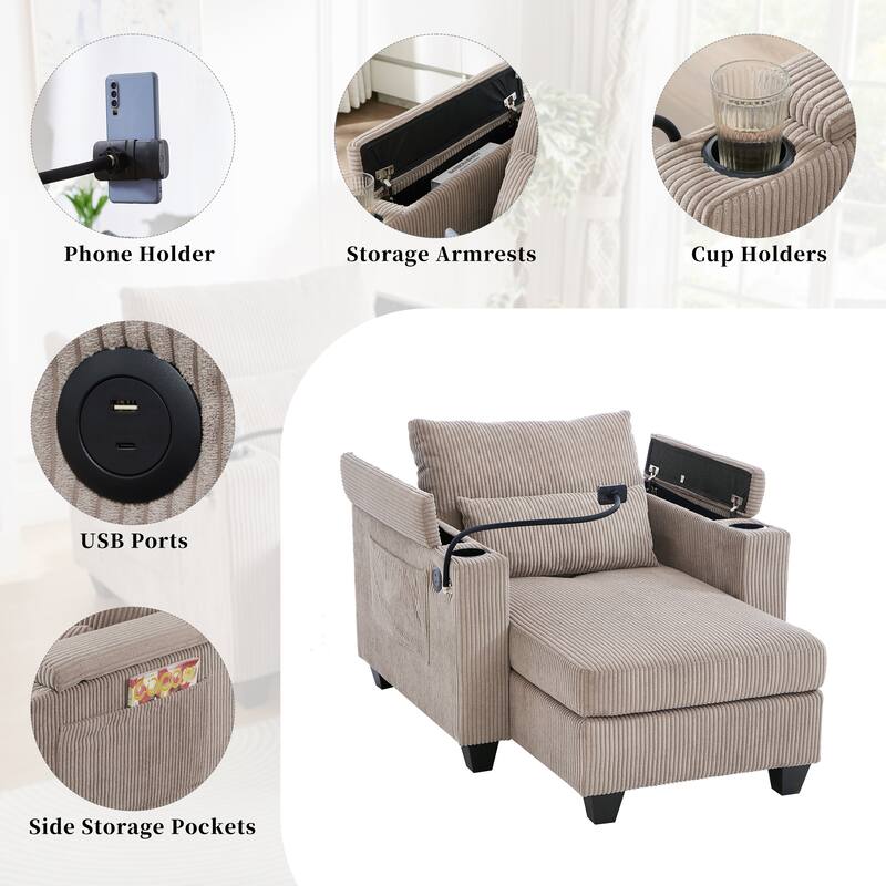 Anmytek 37.4" Convertible Chaise Lounge Sleeper Sofa Chair Corduroy with USB Ports Cup Holders Phone Holder Storage