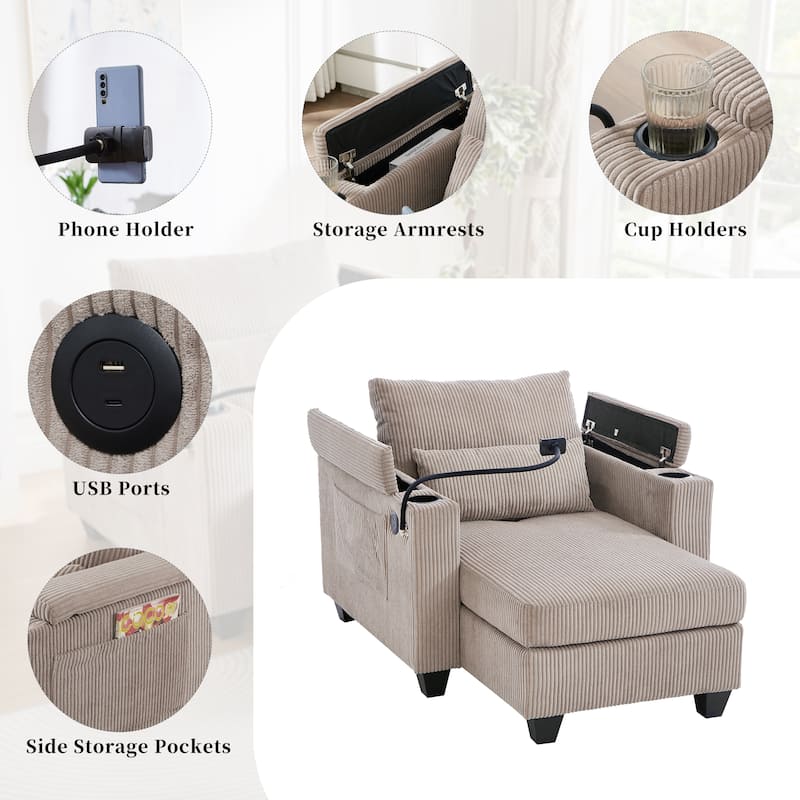 Convertible Chaise Lounge 37.4" Sofa Chair Sofa Bed Corduroy Sleeper Sofa with USB Ports, Two Cup Holders, Phone Holder
