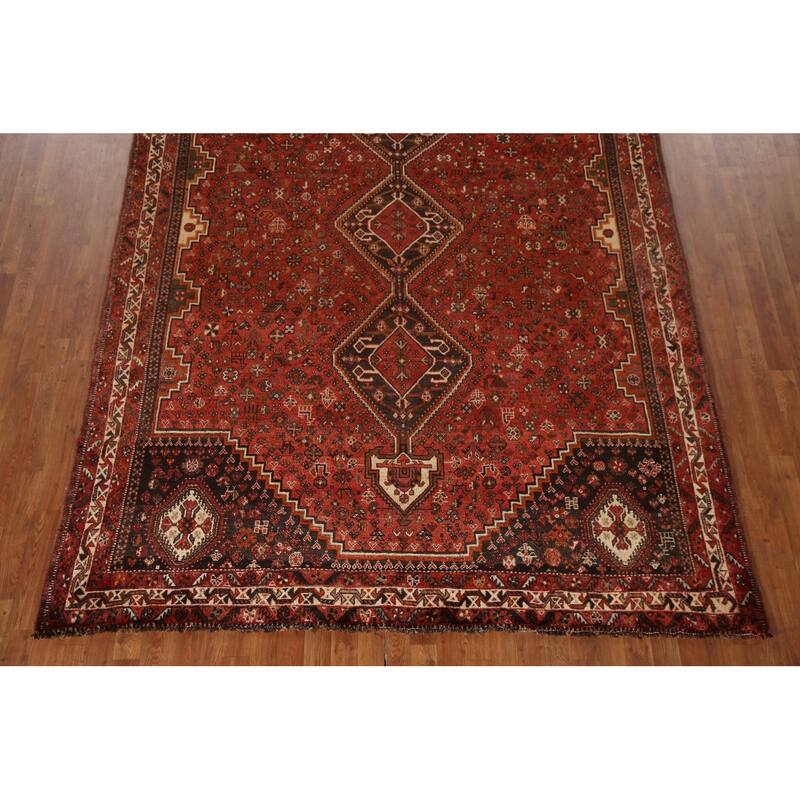Tribal Geometric Shiraz Persian Vintage Rug Handmade Red Wool Carpet - 7'8"x 10'8"