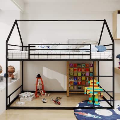 Metal Twin over Twin Bunk Bed Frame with House Roof Frame, Guardrail and Ladder, Lower Bunk Bed without Slats