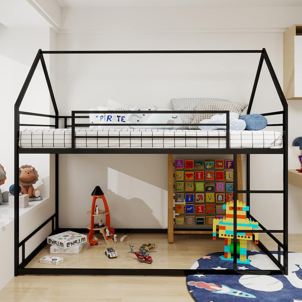 Metal Twin over Twin Bunk Bed Frame with House Roof Frame, Guardrail and Ladder, Lower Bunk Bed without Slats