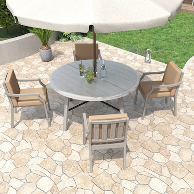 5-Piece Outdoor Wooden Dinning Set with An Umbrella Hole and Removable Cushions
