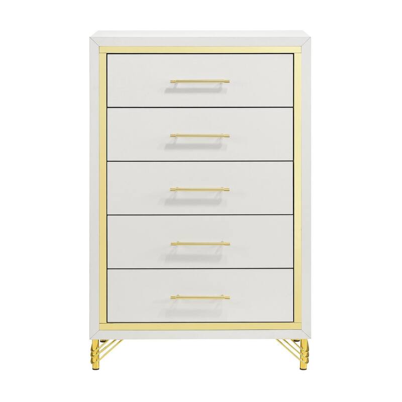 Chesney White 5-drawer Chest with Gold Trim
