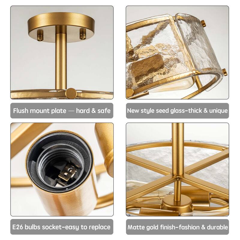 Starsky 2-Light 13in. Modern Caged Drum Semi Flush Mount with Textured Glass Shade