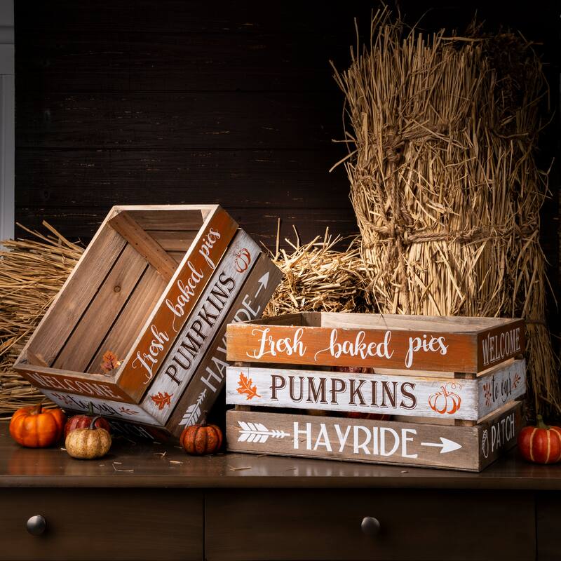 Glitzhome Set of 2 Fall Harvest Wood Crate Farmhouse Autumn Decorative Storage Gift Boxes Porch Decor