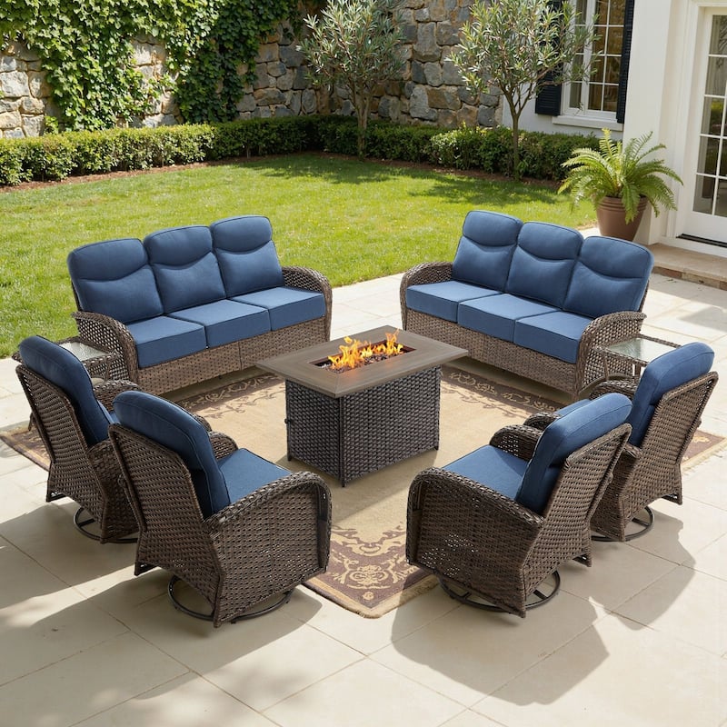 Luna 9-Piece Wicker Outdoor Patio Fire Pit Sofa Set with 6-Inch Thick Cushions - Navy Blue Cushions - Brown Wicker