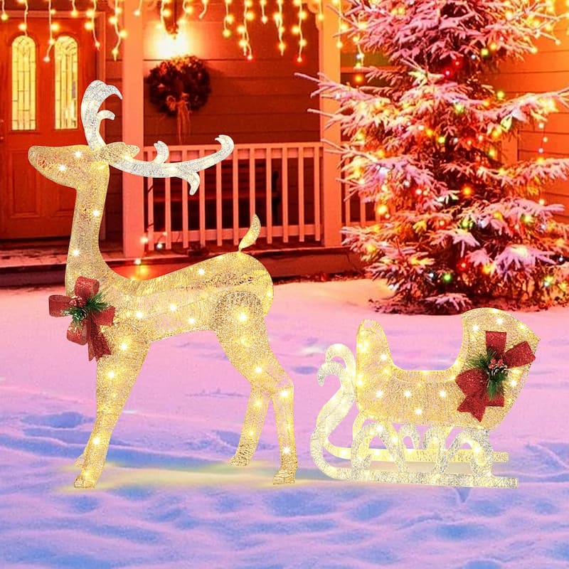 Costway Lighted Christmas Reindeer & Sleigh, Outdoor & Indoor - See Details
