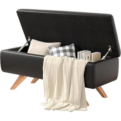 Mid Century Faux Leather Storage Bench Ottoman with Flip Top Lid - 15.4"D x 44.1"W x 16.7"H