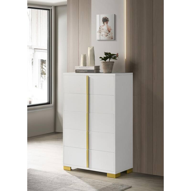 Medici 5-drawer Chest with Vertical Gold - White