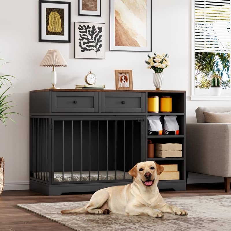 Wooden Dog Cage Furniture Indoor Crate Kennel TV Stand with Drawers Shelves