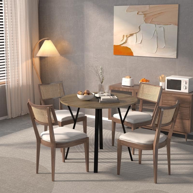 35.43 Inch Round Dining Table with Black Metal Legs, Brown Industrial Kitchen Table(only table)