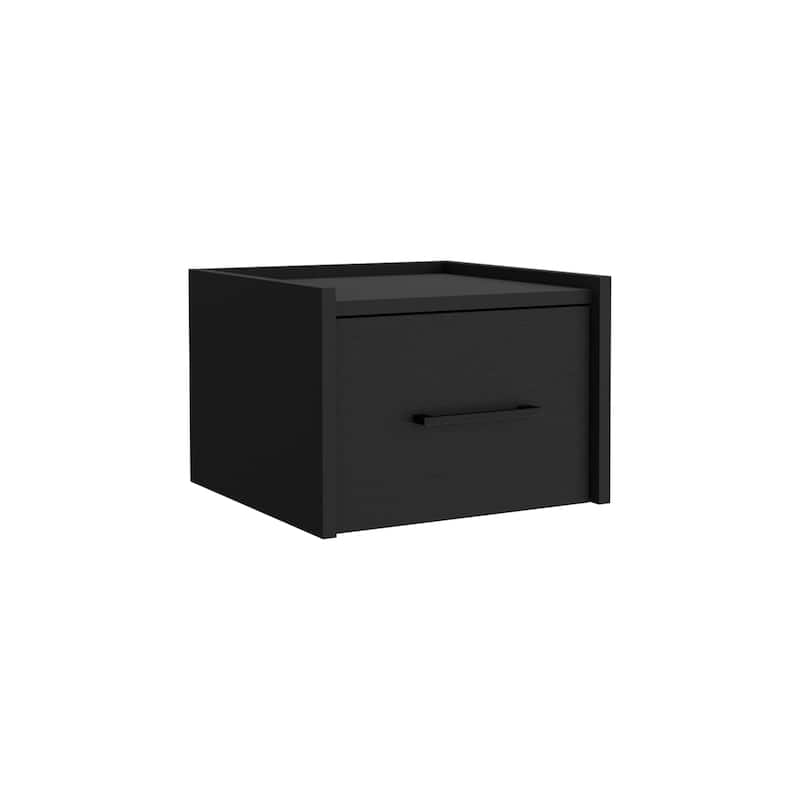Black Modern Floating Nightstand, Space-Saving Design with Convenient Drawer and Black pull Handle.