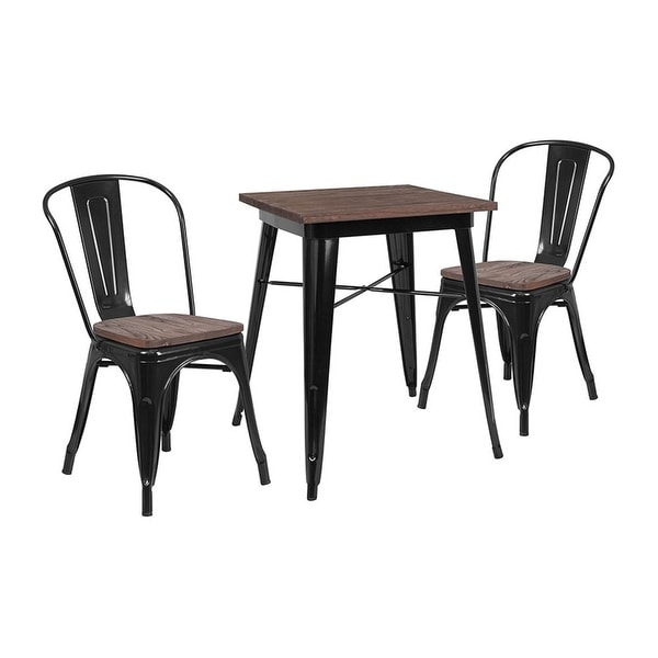 Offex 23.5" Square Black Metal Table Set with Wood Top and 2 Stack Chairs