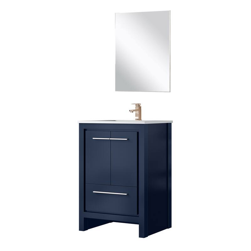 24 in. Navy Blue Vanity with Cultured Marble Top, Rose Gold Faucet, and 18 in. Mirror - Bathroom Cabinet with Soft-Close Doors