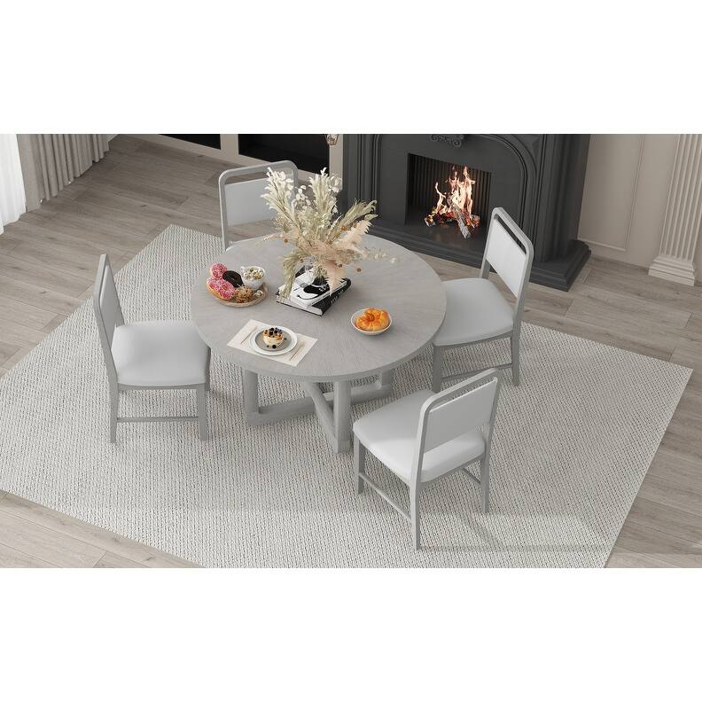 5-Piece Round Dining Table Set for 4 with Upholstered Chairs, Wood Dining Table Set with Radial Wood Grain Design Top