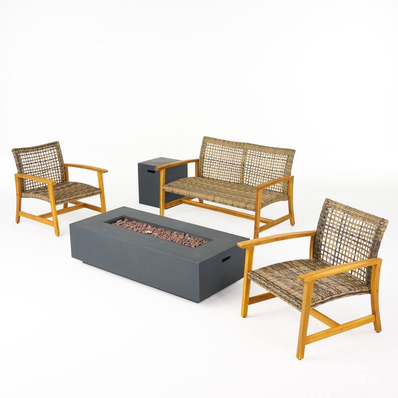 Augusta Outdoor Acacia Wood and Wicker 4 Seater Chat Set with Fire Pit by Christopher Knight Home