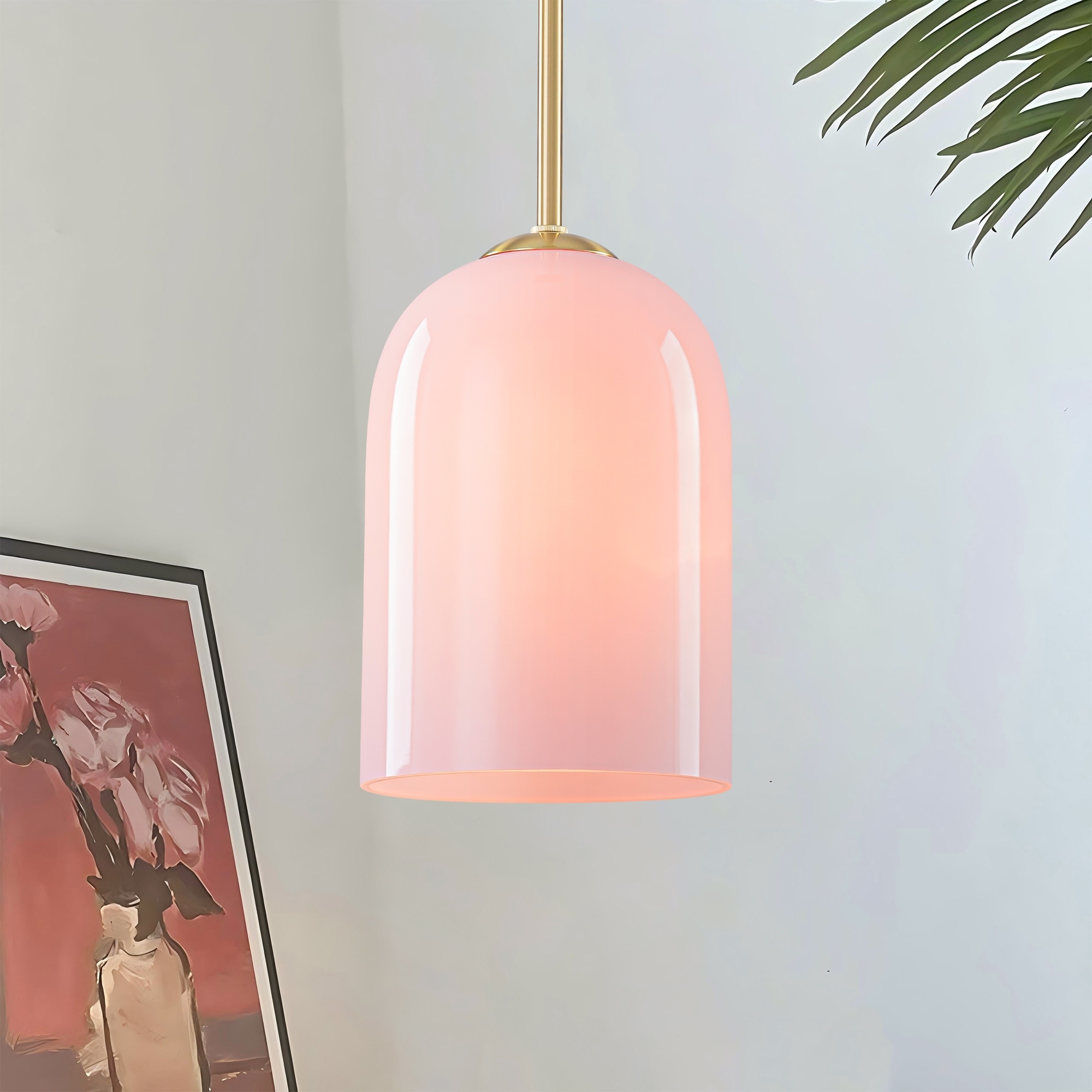 Rennnsan 1-Light 7.1 in. Modern Brass Dome Pendant Light with Pink Glass Shade for Bedroom Kitchen Island