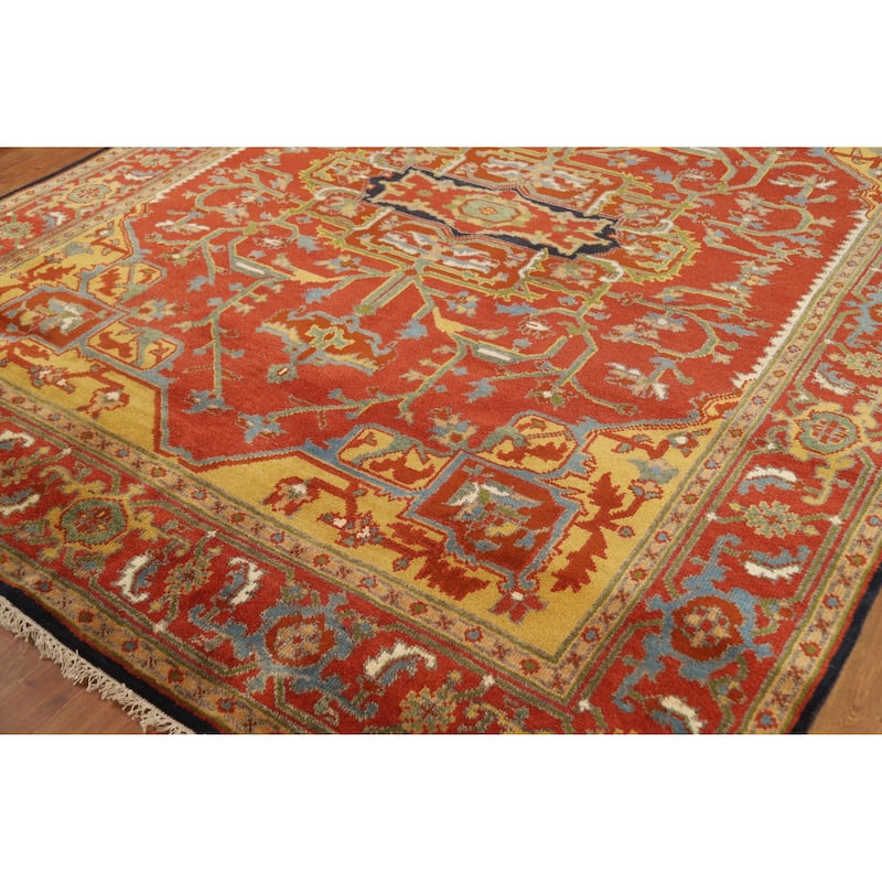 Hand Knotted Oriental 100% Wool Carpet Traditional Medallion Oranges & Rust Heriz (serapi) Area Rug - 9' 9'' X 7' 9''