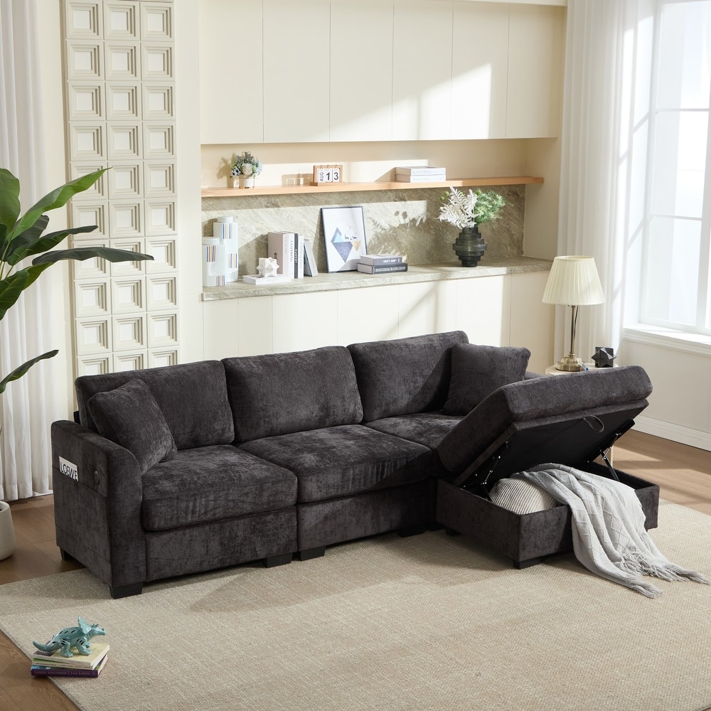 97" L-Shaped Chenille Sectional Sofa with Movable Storage Ottoman