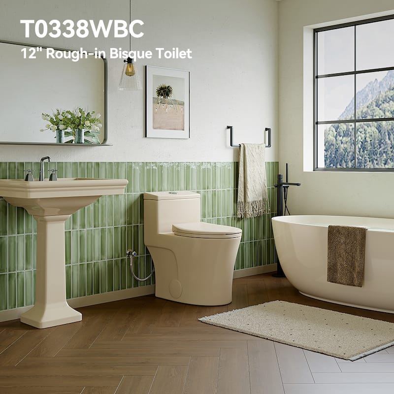 HOROW 1 Piece High Efficiency Dual Flush Elongated Toilet Biscuit 0.8 1.28 GPF Seat Included