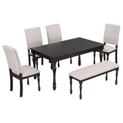 6-Piece Wood Dining Set with 4 Upholstered Chairs&Table&Bench for Dining Room for Small House Apartment Dining Room