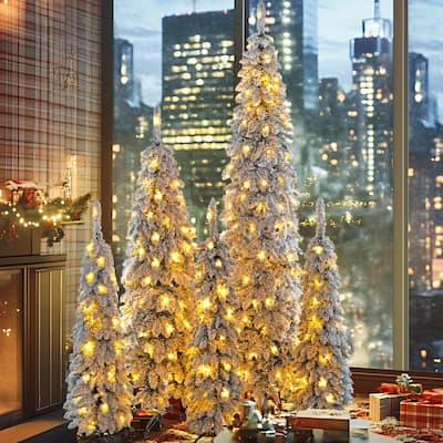 8FT,6FT,4FT x 3 Pre-Lit Pencil Christmas Trees, 5-set Slim Artificial Christmas Tree With Snow Flocking, with 11 Lighting Modes