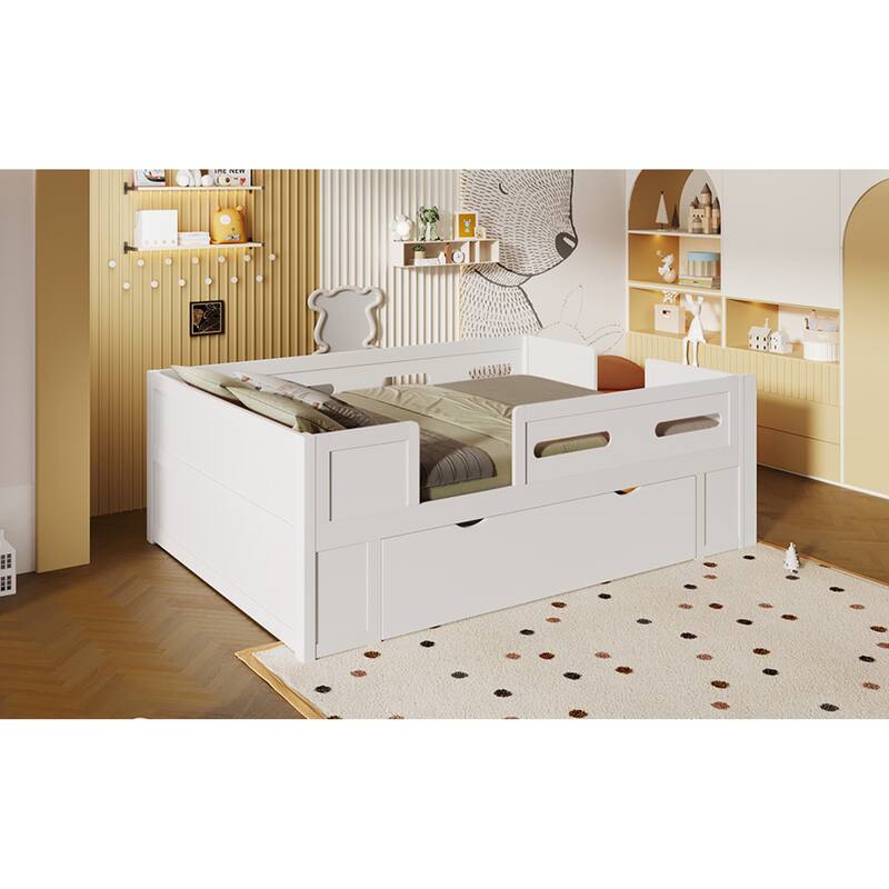 Roomfitters Full/Twin Size Wood Platform Bed with Underbed Storage Drawer and Safety Guardrails, Modern Low Loft Frame