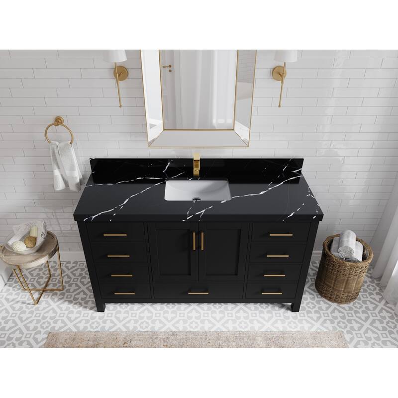 Willow Collections 60 in. W x 22 in. D Malibu Single Sink Bathroom Vanity with Countertop - 2" Calacatta Black - Black
