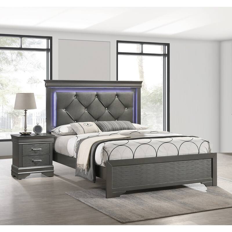 Modern Style 3pc Bed 2x Nightstand Set Diamond Button Handles Gray Finish Bedroom Furniture