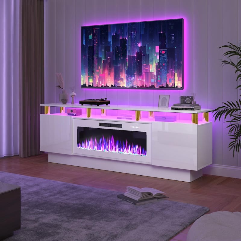 BOSSIN 70" Modern Electric Fireplace TV Stand, with Electronic Flame and LED Lights, High Gloss Finish Entertainment Center