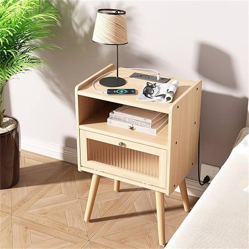 Bedside Tables with Glass Door - Natural