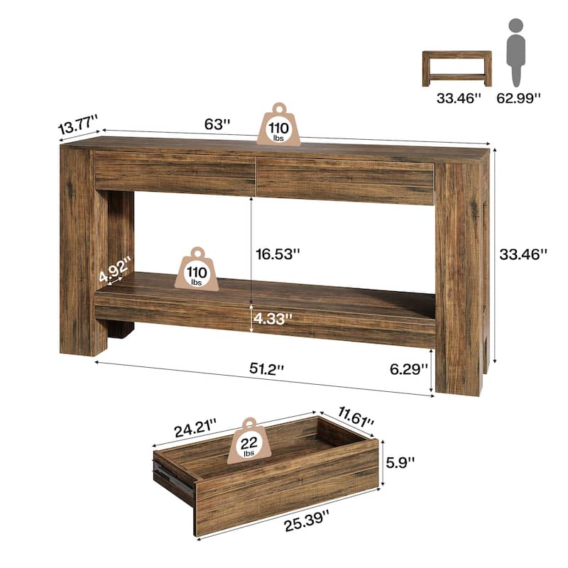 2-Tier Wooden Console Table with 2 Drawers for Entrance - /