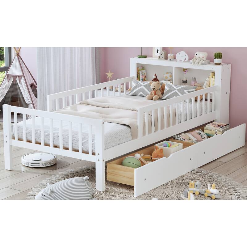 Twin Size Bed with Headboard Storage, Safety Guardrails, and Two Under-Bed Drawers