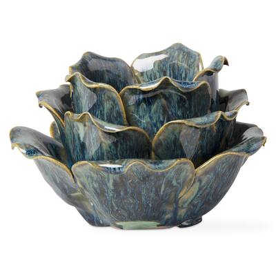 Blue Flower Votive Tealight Stoneware Candle Holder Home Decor Tabletop Mantel Centerpiece,