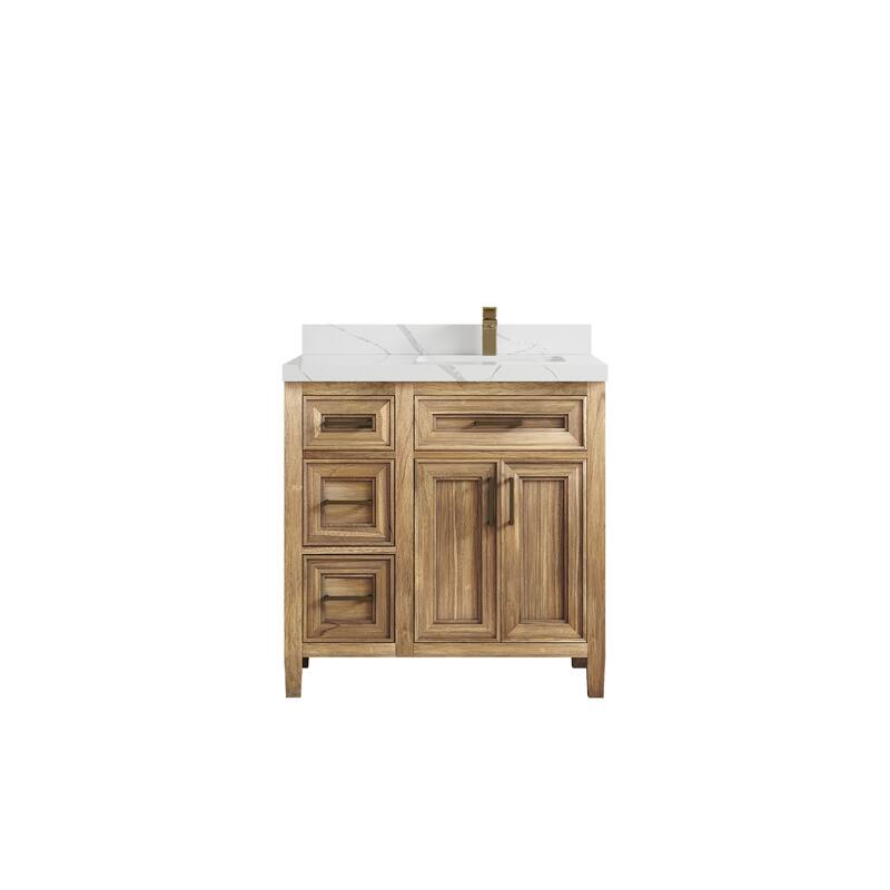 Willow Collections 36 in. W x 22 in. D Santa Monica Teak Right Offset Sink Bathroom Vanity with Countertop - 2" Calacatta Laza - Whitewashed Teak