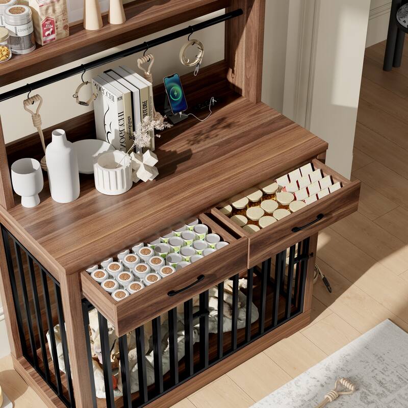 43.3" Dog Crate Furniture with 3 Drawers Indoor Wooden Dog Kennel, 2 Door Dog Cage End Table with Portable Feeder