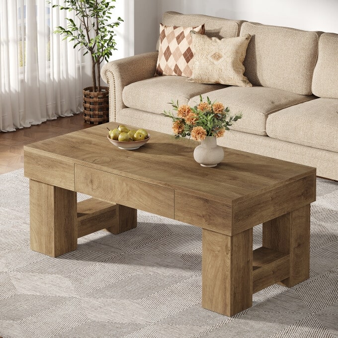 47.24-Inch Coffee Table with Drawer, Rustic Wooden Center Table - Brown