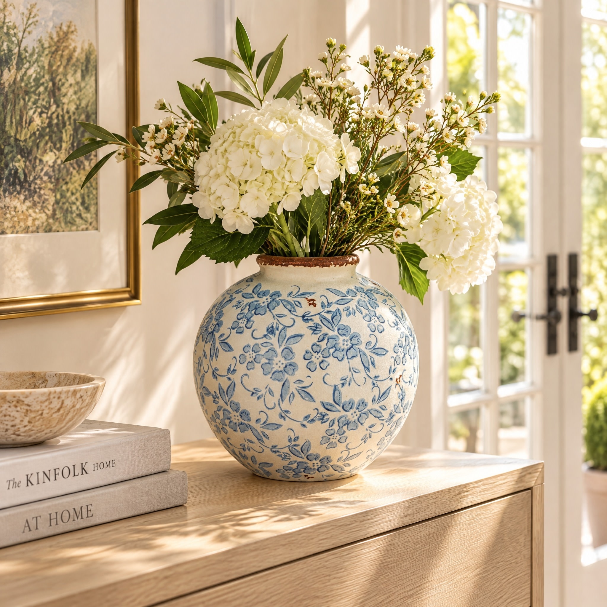 Decorative Terra-cotta Vase with Transferware Pattern