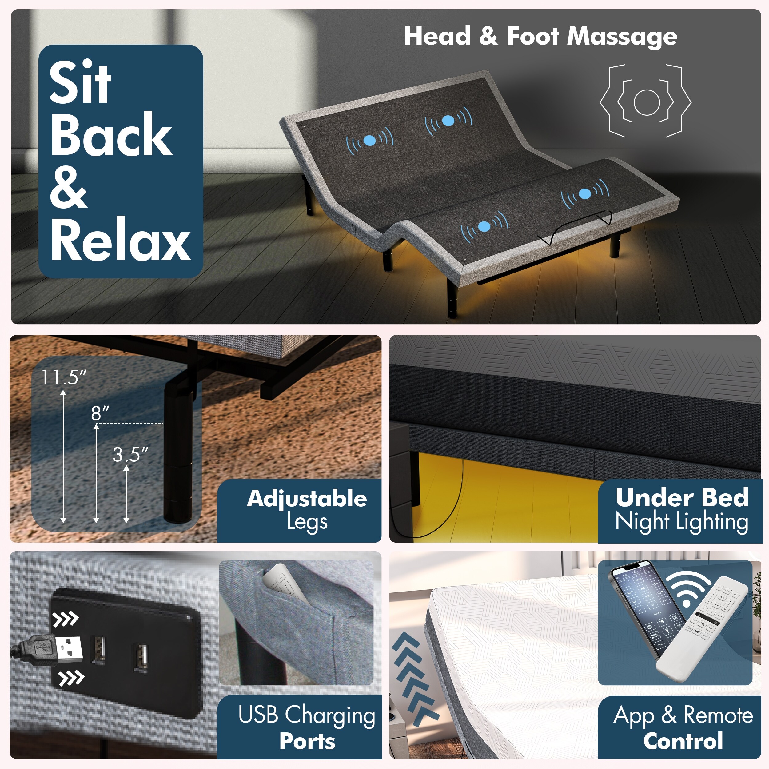 Renanim SFE Adjustable Bed With Hybrid Memory Foam Mattress, Electric Massage, Queen Adjustable Frame + Firm Mattres, USB, Under Base Light