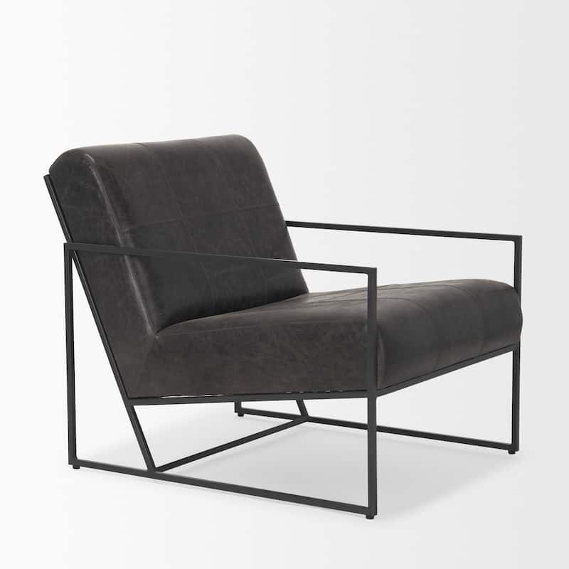 Stratton Gunmetal w/ Genuine Aged Black / Brown Leather Upholstered Accent Chair -  27.3L x 36.5W x 29.5H