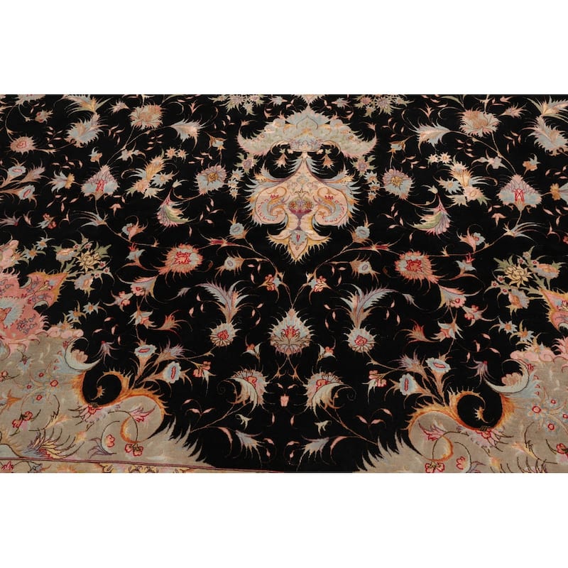 Hand Knotted Tabriz Black Persian Wool & Silk Traditional Area Rug - 11' 6'' x 16' 10''